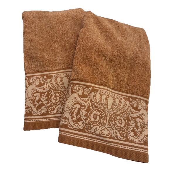 2 Vintage Hampton Manor Victorian Cherubs Angels Brown Hand Towels 100% Cotton - Picture 1 of 8